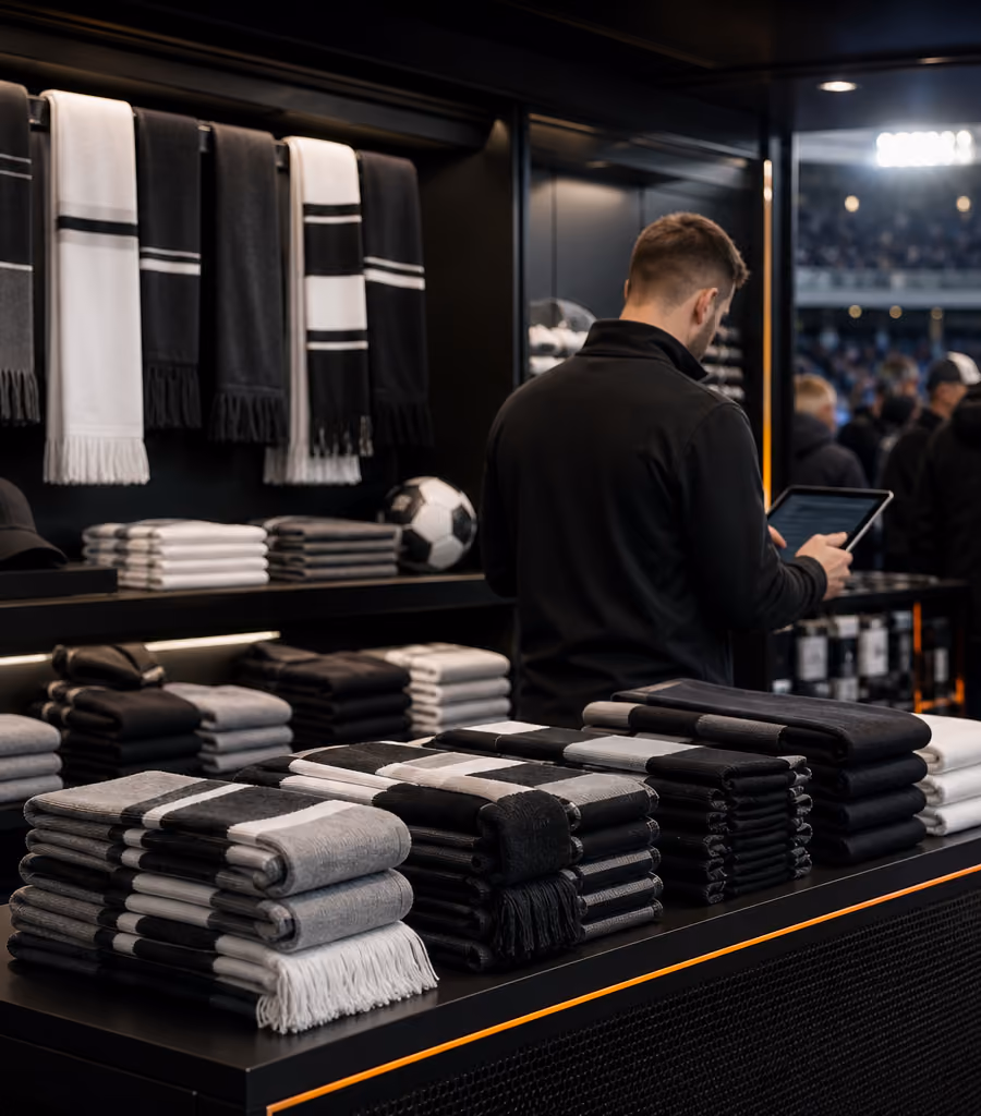 A merchandise stand with scarves and shirts