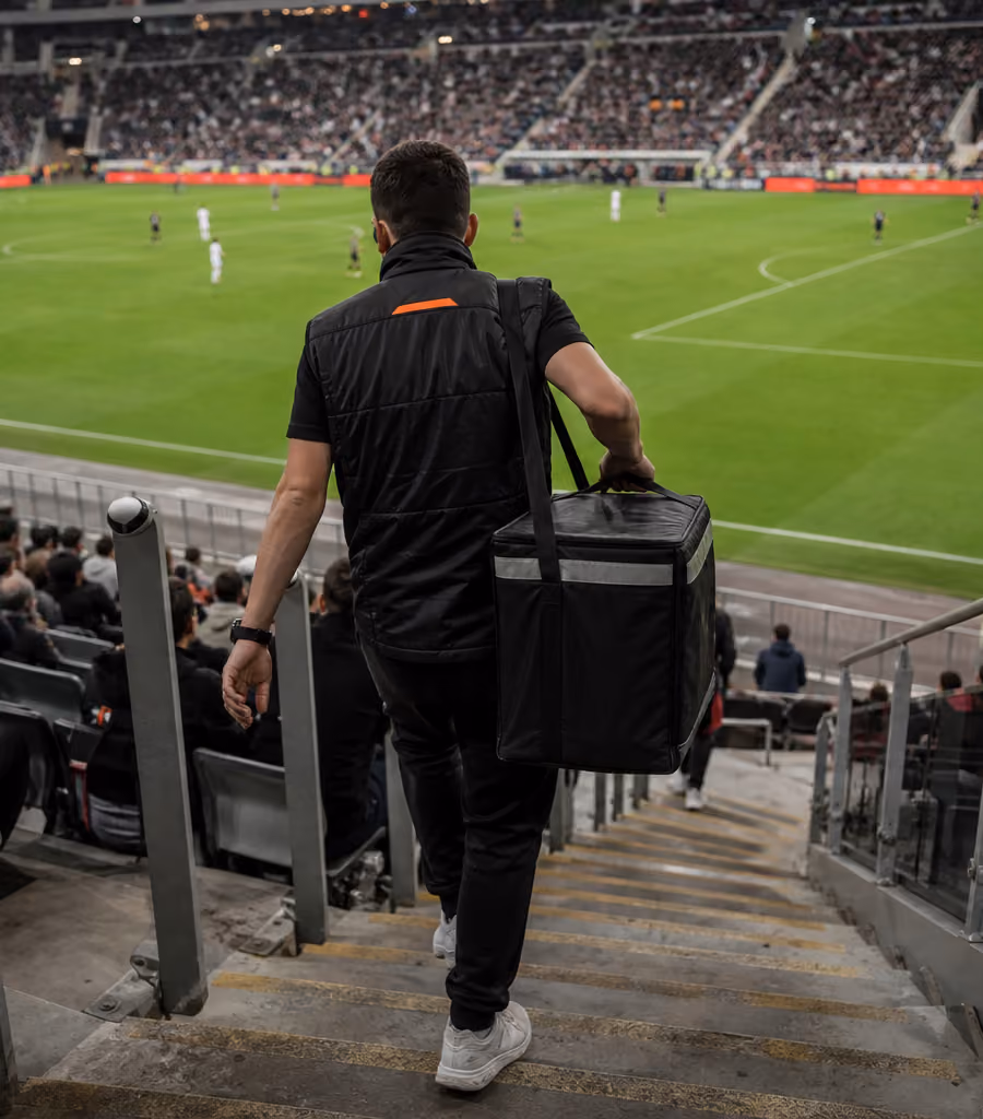 A delivery runner moving through stadium seating